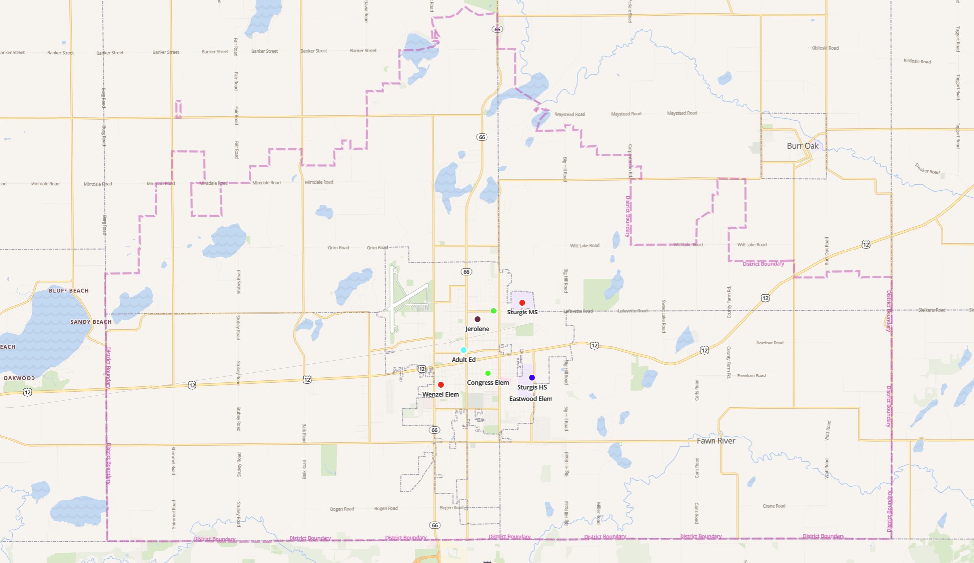 Outlined in pink you will see our district boundary